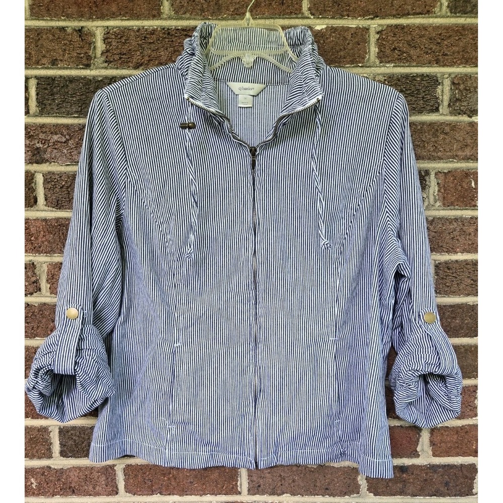 Cj Banks 1x Blue & White Railroad Ticking Stripe Zip Jacket Lightweight Travel